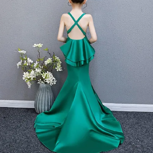Vista 5 de LEPSJGC - Vestidos para niñas, disfraz de fiesta, vestido largo verde sirena, ropa formal de graduación (color verde, talla 4T)