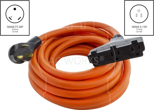 Vista 2 de AC WORKS [TT30W515] 10/3 TT-30P RV/Generator 30Amp Plug to Tri-Outlet Adaptador 5-15R (25FT Tri-Outlet)