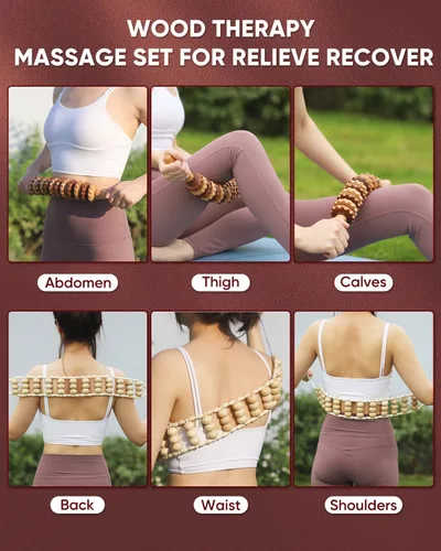 Vista 5 de ONUEMP - 2 unidades de cuerda de rodillo de masaje de madera para fascias y masaje de espalda Wood Therapy Massage Tools Maderoterapia Kit