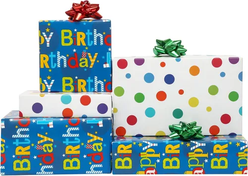 Vista 9 de U'COVER Rollo de papel de regalo reversible de feliz cumpleaños para niños y niñas, diseño de lunares, papel de regalo para mujeres, hombres, baby
