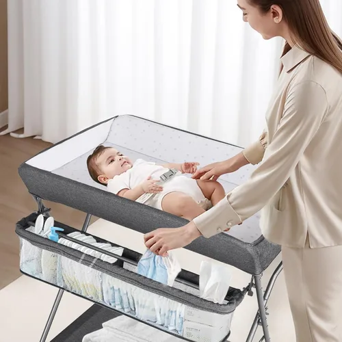 Vista 2 de Mesa de Cambiar para Bebé con Ruedas, Maydolly Estación de Pañales Portátil Ajustable en Altura Plegable con Organizador de Guardería y Estante