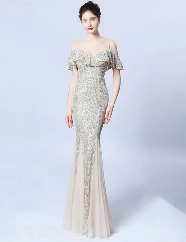 Vista 4 de ARFAR - Vestido de fiesta de noche de tul con lentejuelas para mujer, vestido largo formal con volantes y tirantes esfagetti, vestido de graduación