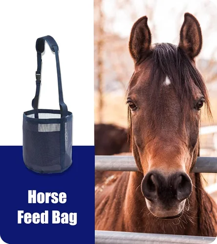 Vista 7 de Bolsa de alimentación para caballos para grano, alimentador de caballos de malla resistente con correa ajustable, almohadilla cómoda para el cuello