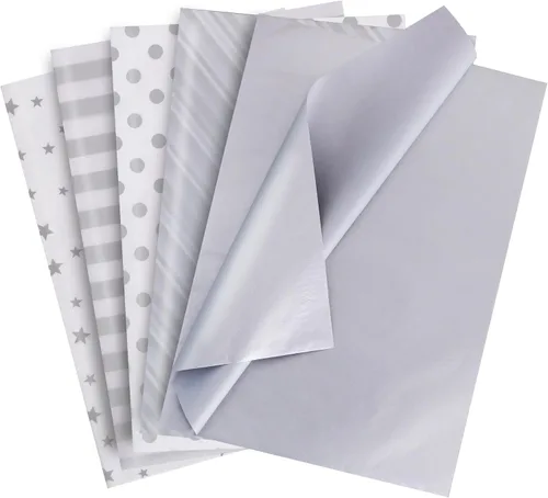 Vista 15 de BEISHIDA 100 hojas de papel de seda blanco y negro a granel, rayas de sarga y puntos, estrellas para bolsas de regalo, papel de regalo de 14 x 20