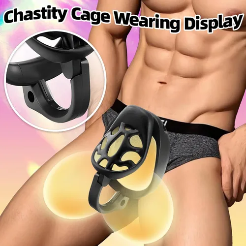 Vista 5 de Jaula de castidad impresa en 3D con 4 anillos diferentes, jaula de pene masculina con ganchos y cerraduras ocultas, dispositivo de castidad