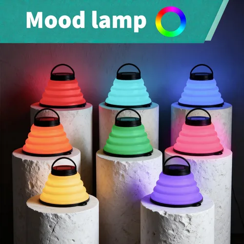 Vista 4 de Paquete de 2 luces solares plegables para camping, LED, portátil, USB, multicolor, 6 modos de color, lámpara impermeable para huracanes, cortes
