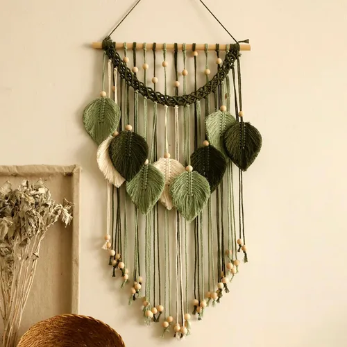 Vista 9 de Tapiz de hojas de macramé para decoración de pared, tapices tejidos bohemios, arte de pared de hojas de otoño, grandes borlas bohemias, adorno