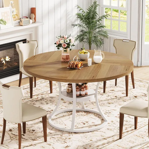 Vista 9 de Mesa de comedor redonda de 47 pulgadas para 4-6 personas con estante de almacenamiento, granja Asientos 4 – 6 estantes de almacenamiento