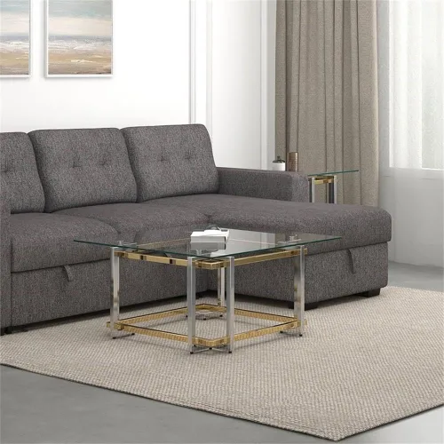 Vista 2 de !Nspire Mesa de centro cuadrada contemporánea de cristal y metal en plata y oro