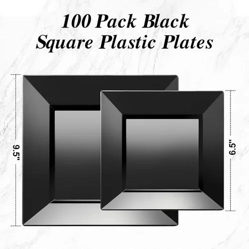 Vista 4 de Goodluck 100 Pack de Platos Desechables Cuadrados Negros, Platos de Plástico Resistente: 50 Platos de Cena de 24.1 cm y 50 Platos de Postre de 16.5