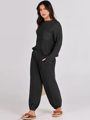Vista 4 de Prinbara Conjunto de 2 piezas para mujer, suéter de punto para otoño, pantalones de gran tamaño, conjunto casual de descanso