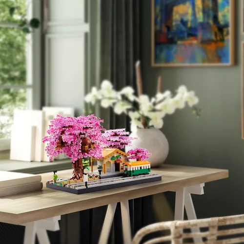 Vista 6 de Juego de bloques de construcción de micro bloques de construcción japoneses de cerezo en flor para adultos, modelo de mini ladrillos, casa