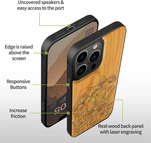 Vista 6 de Carveit Funda magnética de madera para iPhone 13 Pro [madera natural y TPU suave negro] Funda protectora de madera única y elegante a prueba
