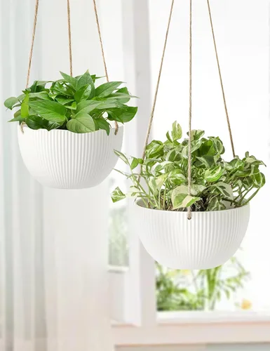Vista 5 de UBEE Macetas colgantes de cerámica para interiores y exteriores, maceta colgante de 7.5 pulgadas + 6.5 pulgadas para plantas, cesta colgante