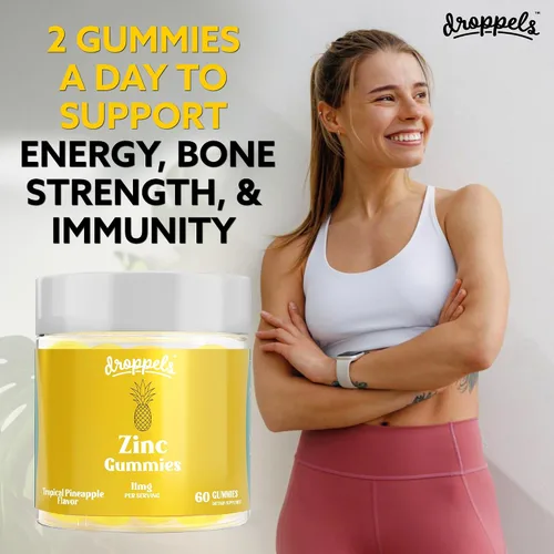Vista 5 de Droppels Gomitas de citrato de zinc de 11 mg – Apoyo inmunológico y suplemento para la salud de la piel Veganas, a base de plantas, sin gluten