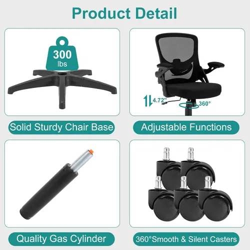 Vista 7 de Silla de oficina, silla de escritorio ergonómica con soporte lumbar ajustable, silla de computadora de malla transpirable con reposabrazos