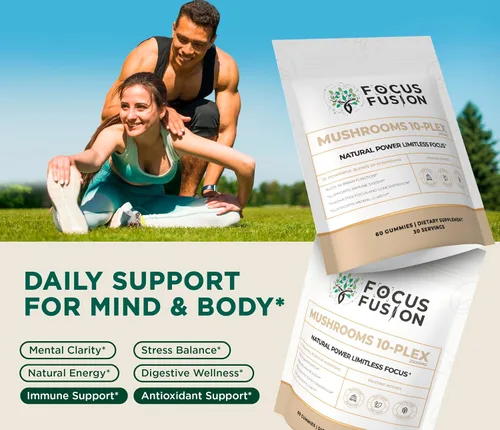 Vista 6 de Focus Fusion Gomitas de hongos 10 Plex Gomitas orgánicas de hongos corporales frutales con melena de león, reishi, cordyceps y chaga Veganas, a