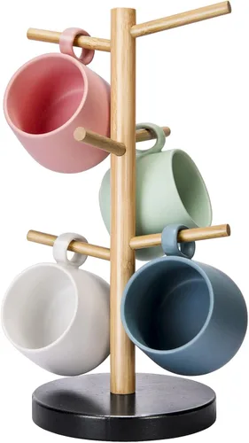 Vista 6 de Wisuce Árbol de taza de café negro, base gruesa de bambú actualizada, soporte para taza de café con 6 ganchos para soporte organizador de tazas