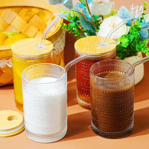 Vista 5 de Vasos de vidrio de 15 onzas con tapas y pajitas, cristalería vintage en relieve para whisky, cóctel, cerveza, taza de café helado con tapa