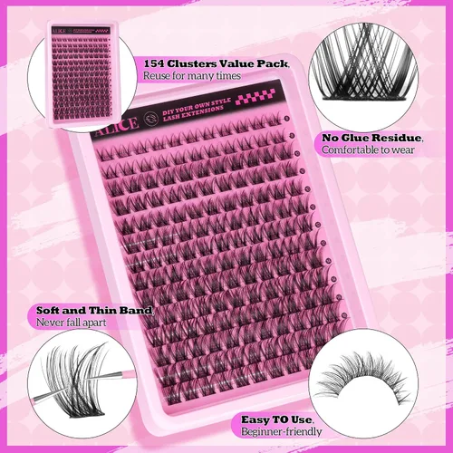 Vista 4 de Extensiones de pestañas en racimo naturales ALICE, pestañas en racimo DIY, pestañas en racimo individuales suaves, 154