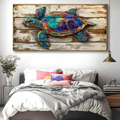 Vista 2 de Arte de pared abstracto de tortuga marina para sala de estar, lienzo enmarcado de gran tamaño, arte de pared, pinturas de arte abstracto, decoración
