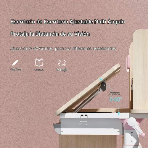 Vista 3 de FCD Mesa de estudio ergonómica multifunción de madera ajustable para niños, mesa de dibujo y estación de computadora con estante para libros