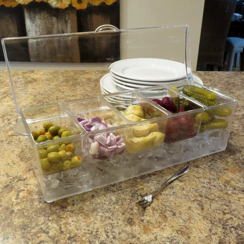 Vista 9 de Evelots Ice Chilled - Bandeja de condimentos de 5 compartimentos con tapa con bisagras, recipiente de plástico para servir para adornos, perfecto