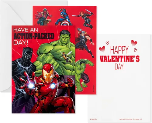 Vista 4 de Hallmark Avengers - Tarjetas de San Valentín con calcomanías, paquete surtido de 24 unidades Vengadores San Valentín con pegatinas