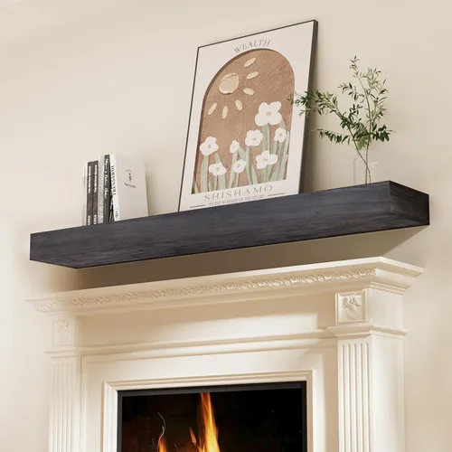 Vista 10 de SAUMONIERES Estantes para chimenea de madera maciza de 48 pulgadas, para montar en la pared, estantes flotantes largos, huecos, color marrón
