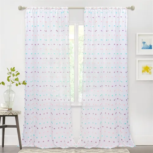 Vista 6 de MYSKY HOME - Cortinas blancas traslúcidas para puerta corrediza de sala, ventanas, cortinas de dormitorio con pompones arcoíris, 2 paneles, filtro