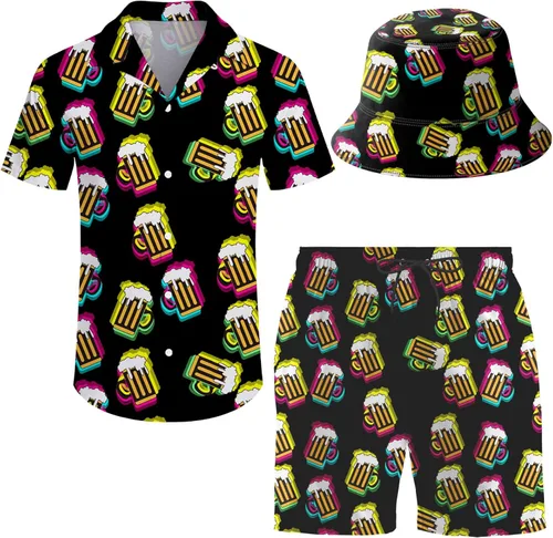 Vista 32 de Conjunto deportivo de 2 piezas para hombre, camisa hawaiana, pantalones cortos, camisa con botones y pantalones cortos con sombreros de pescador
