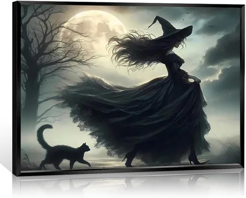 Vista 16 de Lienzo enmarcado negro para pared, póster de Halloween Dark Academia, pintura de gato negro, fantasma en la bañera, imágenes góticas de terror