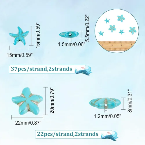 Vista 2 de Arricraft Alrededor de 118 cuentas de turquesa, 2 estilos de estrellas de mar sintéticas turquesa estrella de mar dijes para hacer pulseras