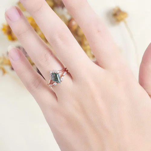 Vista 5 de Anillo de plata de ley 925 con piedra preciosa de musgo natural para mujer, corte de cometa, juego de anillos de compromiso de plata 925, Plata