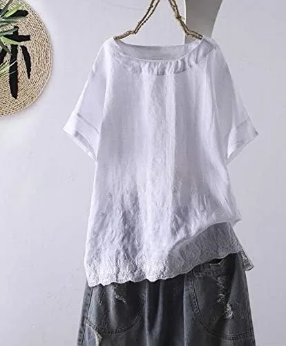 Vista 2 de Minibee Blusa de lino de verano para mujer, blusa bordada con dobladillo alto y bajo