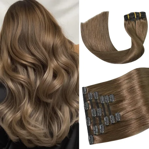 Vista 13 de Aison Extensiones de cabello con clip balayage de cabello humano real, extensiones de cabello ombre 100% de cabello humano para mujer, 12 pulgadas
