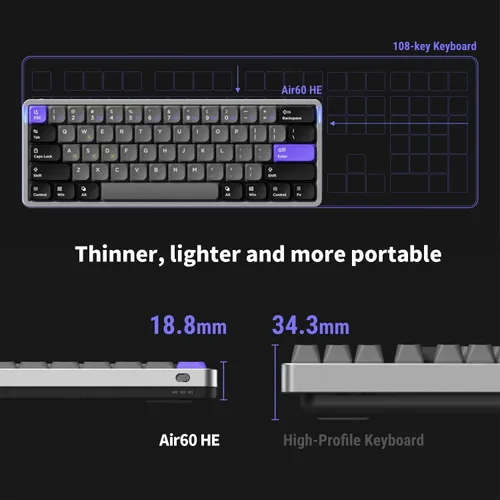 Vista 3 de nuphy Air60 HE Wired Magnetic Gaming Keyboard,61 Keys Rapid Trigger,60% Compact,Actuation Point Adjustable, 8K Hz Polling Rate,Hall Effect Keyboard