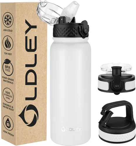 Vista 41 de Botella de agua aislada Oldley de 12 oz con pajita, botella de agua de acero inoxidable con 2 tapas, botellas de doble pared con vacío para adultos