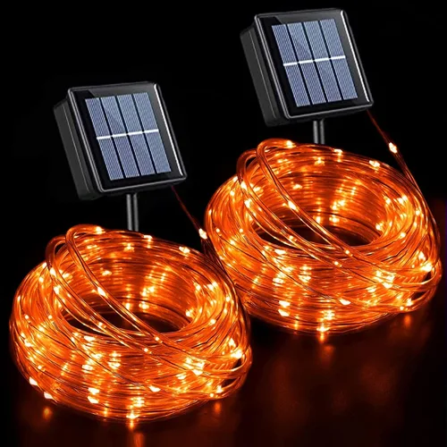 Vista 10 de QITONG Paquete de 2 luces solares verdes, cada cadena de 100 luces LED de 33 pies para exteriores, 8 modos de luces de hadas en tubo de PVC