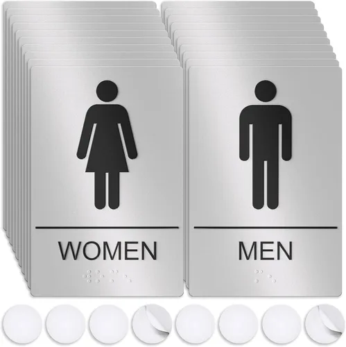 Vista 8 de Letreros unisex de baño, letrero de baño para negocios, para hombres y mujeres, 9 x 6 pulgadas, compatible con la ADA con Braille, adhesivos fuertes
