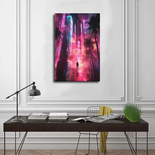 Vista 3 de XAHOR Póster estético Vaporwave - Impresión artística retro Cyberpunk con ciudad neón y palmeras, lienzo decorativo y arte de pared, póster moderno