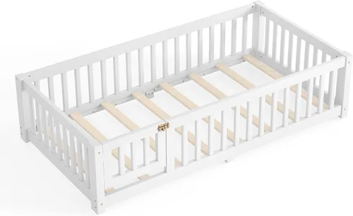 Vista 9 de Harper & Bright Designs - Cama de suelo para niños de tamaño individual con valla y puerta, marco de cama Montessori de madera maciza, cama