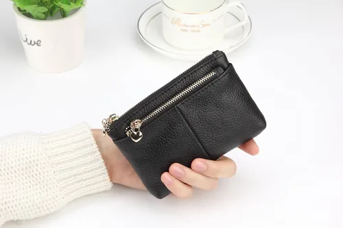 Vista 6 de Mini monedero con cremallera de cuero genuino para mujer, con llavero con triple cremallera, tarjetero Negro