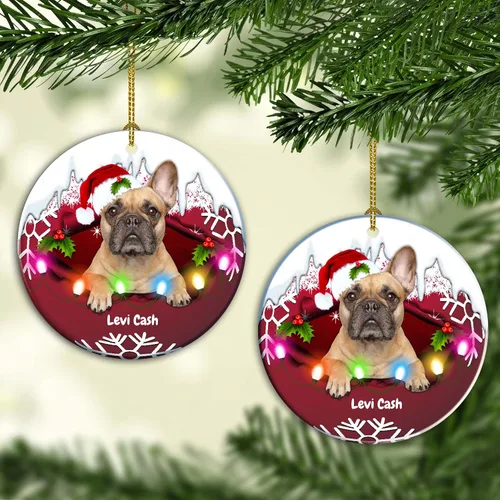 Vista 2 de Adorno personalizado para árbol de Navidad de perro Bulldog francés, regalo para amantes de los perros, adorno de Navidad personalizado de bulldog