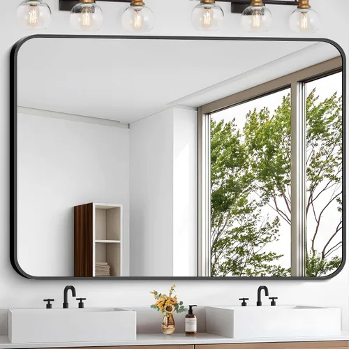 Vista 12 de Espejo de baño negro, espejos cuadrados de 18 x 18 pulgadas para pared, marco de metal, espejo de tocador de esquina redondeada para sobre