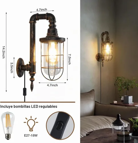 Vista 2 de Lámpara de pared industrial enchufable de 14.2 pulgadas con enchufe UL con interruptor de encendido y apagado, iluminación rústica de bronce para 1