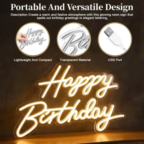 Vista 5 de Toddmomy Letrero de cumpleaños de neón de 17.51 x 10.23 pulgadas, alimentado por USB, letras LED iluminadas con luz blanca cálida para decoración