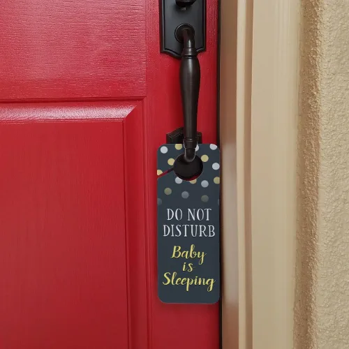 Vista 2 de Letrero de plástico amarillo con texto en inglés «Do Not Disturb Baby is Sleeping»