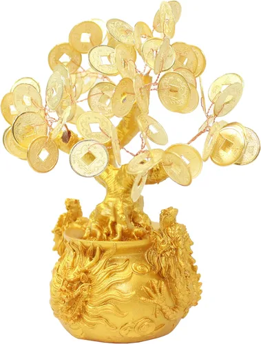 Vista 3 de Árbol de monedas de fortuna de oro de Feng Shui de 7 pulgadas en Dragon Pot Bonsái Decoración para el hogar Riqueza bendición regalo (D13455)