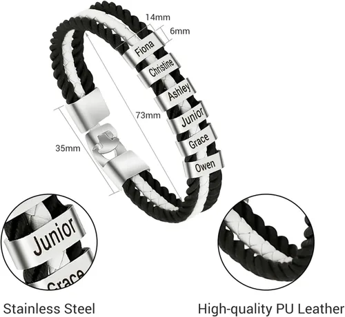 Vista 17 de Pulseras de cuero personalizadas para hombre con 1-6 nombres, pulsera trenzada personalizada con cuentas para papá, marido, día del padre, San